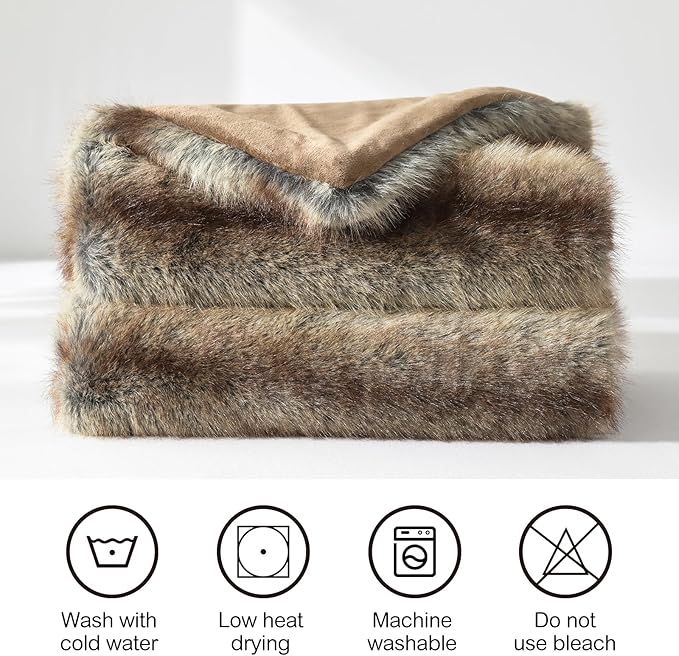 HORIMOTE HOME Luxury Faux Fur Throw Blanket for Couch, Non Shedding Reversible Striped Throw Blanket, 60x80 Inches Decorative Blankets for Bed, Brown Taupe Stripes