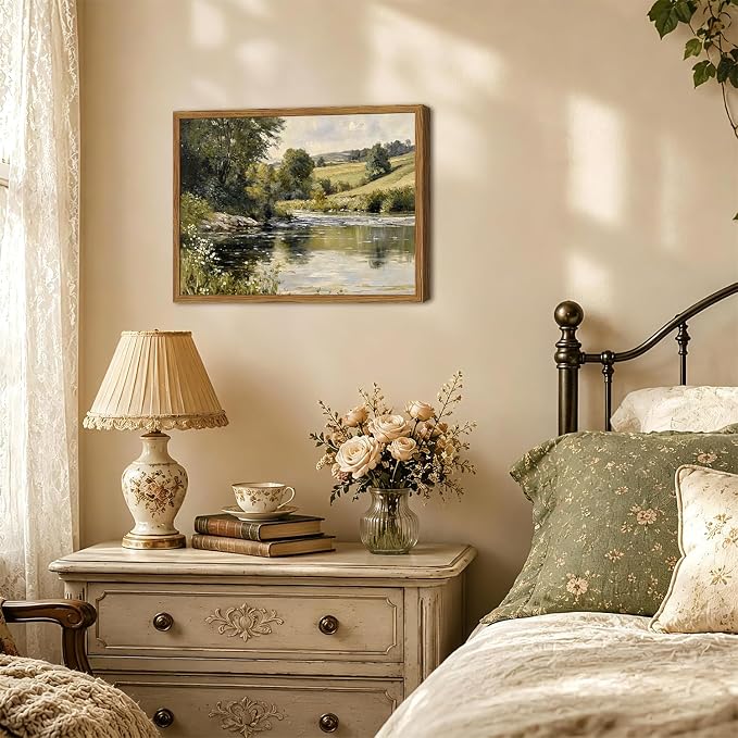 Framed Vintage Landscape Wall Art, Country Nature River Pictures Wall Decor, Rustic Field Paintings Canvas Prints Farmhouse Home Decor Aesthetic for Living Room Bedroom Bathroom 16x24 inch
