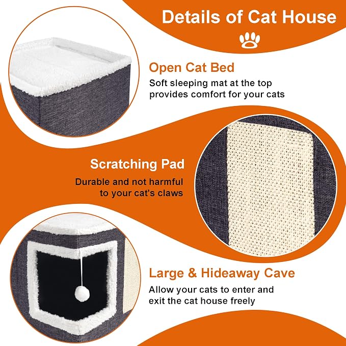 Loyareal Cat Houses for Indoor Cats - Large Cat Bed Cave with Scratch Pad and Fluffy Ball, Foldable Cat Condo Hideaway with Reversible Cushion for Multi Small Pet, Dark Grey