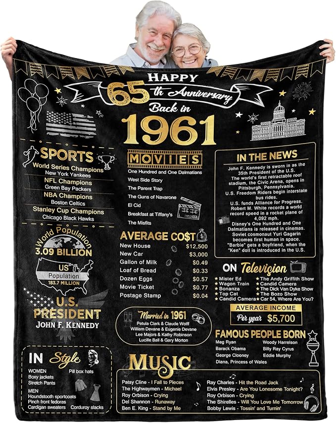 65th Anniversary Blanket Gifts Gift for 65th Blue Sapphire Wedding Anniversary 65 Years of Marriage Gifts for Wife Husband Dad Mom Parents Grandpa Grandma Grandparents Back in 1961 Blanket 60x50