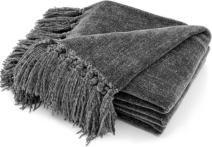 RECYCO Chenille Throw Blanket for Couch, 60" x 80", Dark Gray | Super Soft Knit Throw Blanket with Fringe Tassels, Lightweight Knitted Throw, Cozy, Ideal for Sofa Chair Bed Living Room Gift