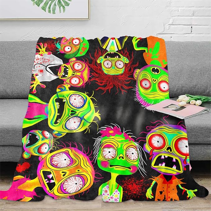 Blacklight Horror Scary Throw Blankets UV Reactive Funny Zombie Throw Blanket Glow in the Dark Under Black Lights Game Room Decor Soft Throw Gifts 59x51 Inches