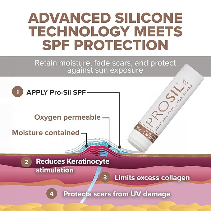 ProSil Silicone Scar Gel Stick with SPF 15 – Patented Scar Treatment in a Mess-Free, Compact Glide-On Stick - Made from Premium-Grade Silicone - Gentle on All Skin Types, Including Kids - 17g