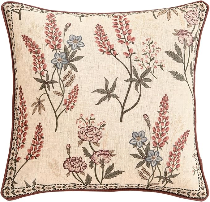 Designer Vintage Linen Throw Pillow Cover,18"x18"-Helena A | Elegant French Square Decor Pillow Cover,Concealed Zipper Design,Floral Pattern,Sofas,Bedroom,Living Room,Lounge Chairs