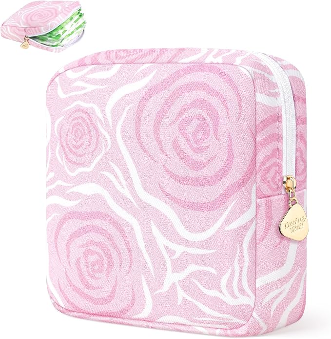 Sanitary Pad Storage Bag Portable Period Bag for Teen Pads/Sanitary Napkins/Small Tampons, Sanitary Napkin Storage Bag First Period Gifts for Teen Girls (Texture Rose)
