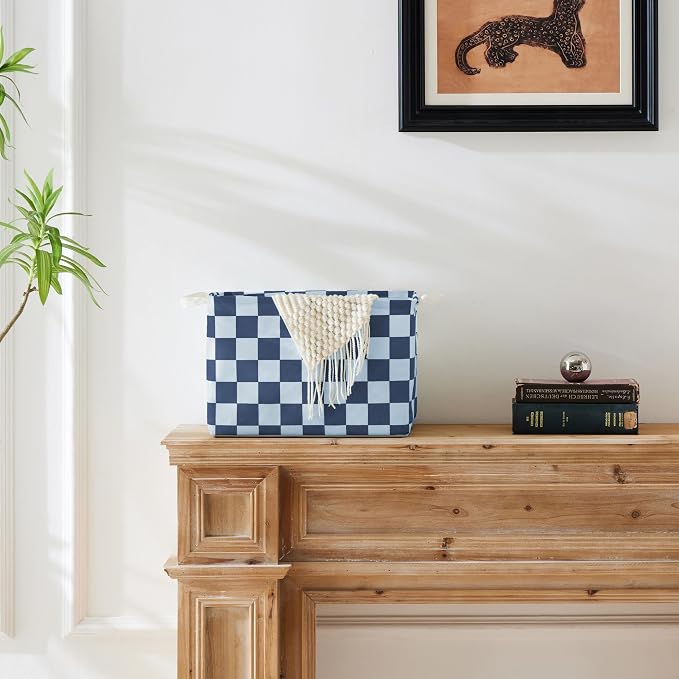 Ohocut Navy Blue Checkered Canvas Basket, Rectangular Organizing Decorative Storage Basket for Kids Dog Toy, Cute Aesthetic Race Cars Boy Room Decor for Home, Kitchen, Bedroom, Classroom, Shelves