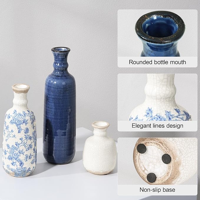 Ceramic Vase Set, 3Pcs Flower Vases for Modern Boho Farmhouse Decor, Decorative Vases for Pampas Grass & Dried Flowers, Distressed Finish