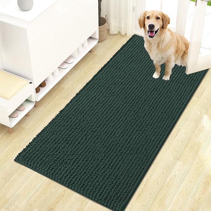 OLANLY Dog Door Mat for Muddy Paws 47x24, Extra Absorbent Chenille Mud Mat | Blackish Green, Absorbs Moisture and Dirt, Non-Slip Machine Washable Doormat, Quick-Drying Indoor Entryway Floor Mat for Dogs