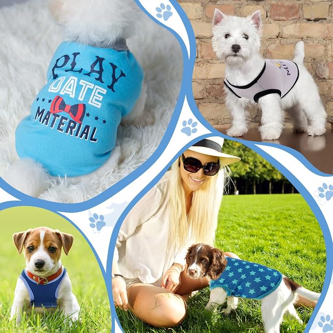 Sadnyy 6 Pack Dog Shirt Printed Pet Sleeveless Vests T Shirts, X-Small | Dog Boy Shirts with Letter, Cool Breathable Soft Outfit, Cat Sweatshirt for Small Dog Puppy Accessories