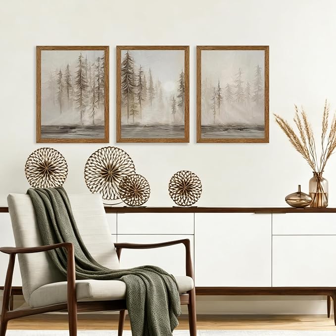 Urmoya 3 Pieces Scandinavian Pine Tree Neutral Forest Wall Art 12x16 in | Wood framed canvas, Forest scene, Nordic modern style, Ready to hang, for living room, hallway, office, or bedroom decor
