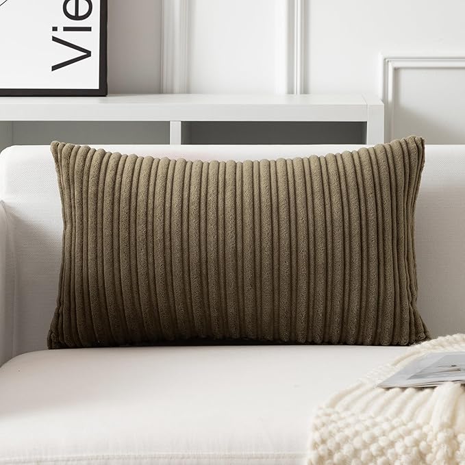 UGASA Velvet 12x20 Inch Lumbar Soft Throw Pillow Cover Boho Farmhouse Decorative Corduroy Striped Both Sides Solid Rectangular Cushion Case for Couch Bedroom Sofa Home, 1 Piece, Olive Green