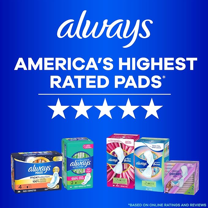 Always Maxi Feminine Pads with Wings for Women, Size 2, Long Super Absorbency, Unscented, 192 Count (6 Packs of 32)