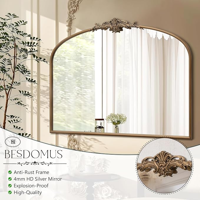Besdomus Vintage Arched Gold Mirror: 40"x29" Large Brass Antique Decorative | French Baroque Metal Framed Mirrors - Traditional Ornate for Entryway/Bedroom/Fireplace/Bathroom - Ideal for Home Renovations