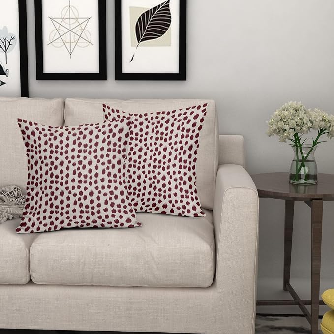 Burgundy Cream Pillow Covers 18x18 Set of 2 Boho Design Polka Dot Throw Pillows Modern Brush Strokes Print Decorative Outdoor Pillowcase Square Cushion Cover Linen Pillow Case for Home Sofa Couch Bed