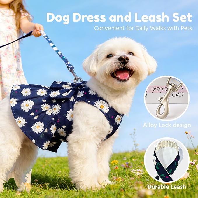 BAEJMJK Dog Dress Bowknot Harness Leash Set for Small Dogs Cats Daisy Floral Girl Dog Dresses Cute Puppy Princess Clothes Pet Doggy Outfits Spring Summer Breathable Dresses(Small, Navy Blue)