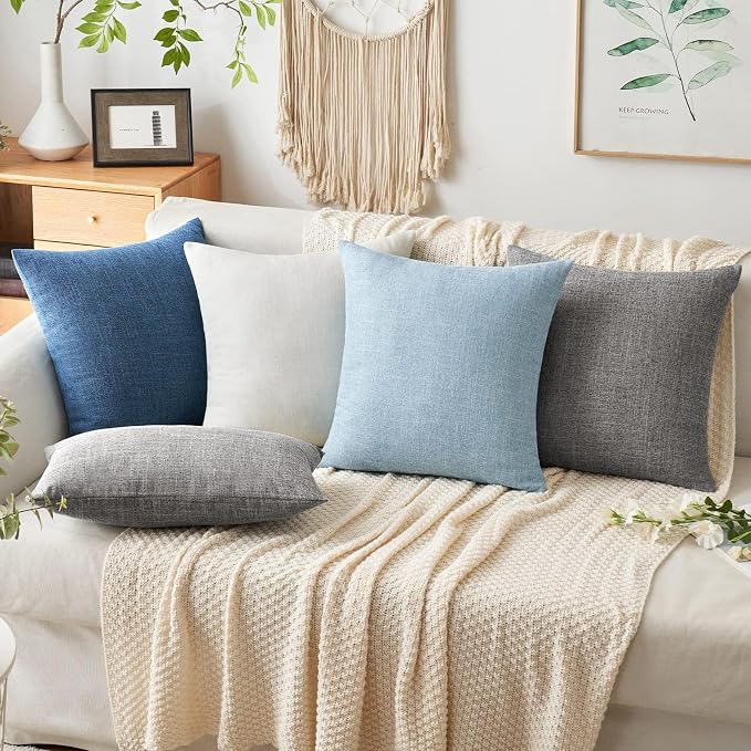 MIULEE Pack of 2 Decorative Linen Burlap Coastal Pillow Covers Farmhouse Boho Accent Pillowcases for Sofa Car Couch Bedroom Living Room Decor 22x22 Inch Blue