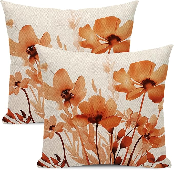 Spring Floral Pillow Covers 18x18 Inches Set of 2,Orange Floral Throw Pillow Covers Outdoor Summer Flower Decoration Pillowcase Farmhouse Decorative Square Linen Cushion Cover for Couch Sofa