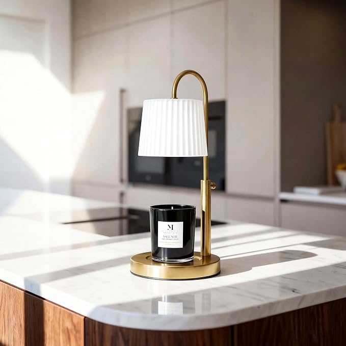 Candle & Warmer Set – 8.5 oz Coconut Blend Luxury Candle + Hand Blown Glass Lamp Warmer | Modern Self-Care Gift Set | Flameless Aromatherapy (Gold, Sage Noir)