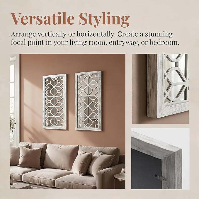 Set of 2 13x30 Inch Large Grey Shatterproof Carved Floral Wood Frame Wall Mirrors, Boho Farmhouse Rustic Accent Mirrors for Living Room Bedroom Bathroom & Home Decor