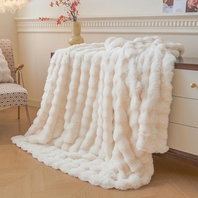 LIFEREVO Luxury Fluffy Faux Rabbit Fur Throw Blanket 50x60, Beige | Plush Shaggy Bubble Blanket for Bed Couch Sofa Office, Decorative Soft Cute Furry Ivory Throw for Kids Teens Adults, Washable