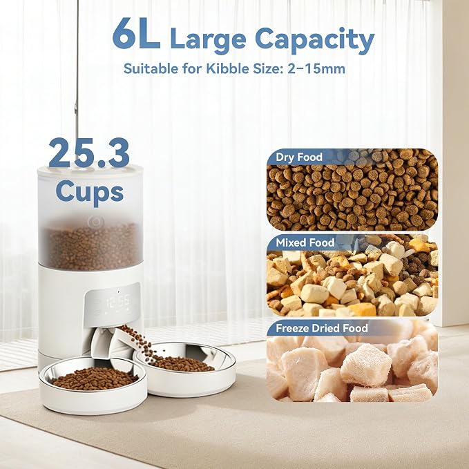 DUMOS 6L Automatic Cat Feeder for 2 Cats, Timed Pet Food Dispenser - White | 2 Stainless Bowls, 10s Voice Call, Dual Power Supply, 6 Meals Per Day, 50 Portions Per Meal, Dual Pet Feeder for Cat and Dog