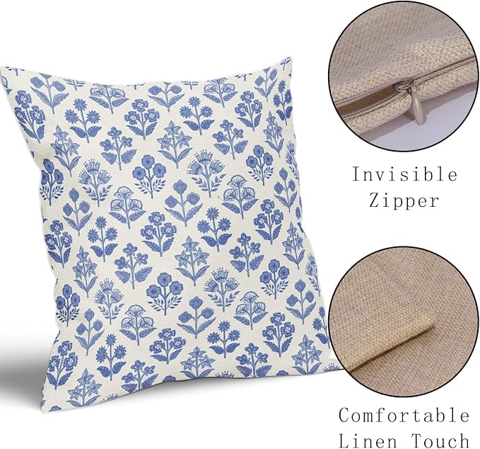 Blue Floral Pillow Covers 22x22 Inch Set of 2, Vintage Flower Block Print Pattern Decorative Throw Pillowcases Outdoor Farmhouse Cushion Covers Spring Summer Rustic Decoration Sofa Couch Bed Decor