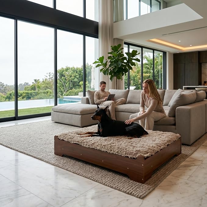Elevated Wood Dog Bed Frame with Foam Mattress, WalnutPattern, L | Raised Dog Bed with Washable Cover, Furniture-Style Design for Indoor Living