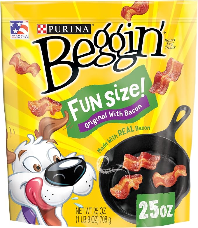 Purina Beggin' Fun Size Dog Treats, Original with Bacon, 25 oz Pouch | Big bacony flavor in a soft, easy-to-chew texture, with real meat as the first ingredient and no artificial flavors