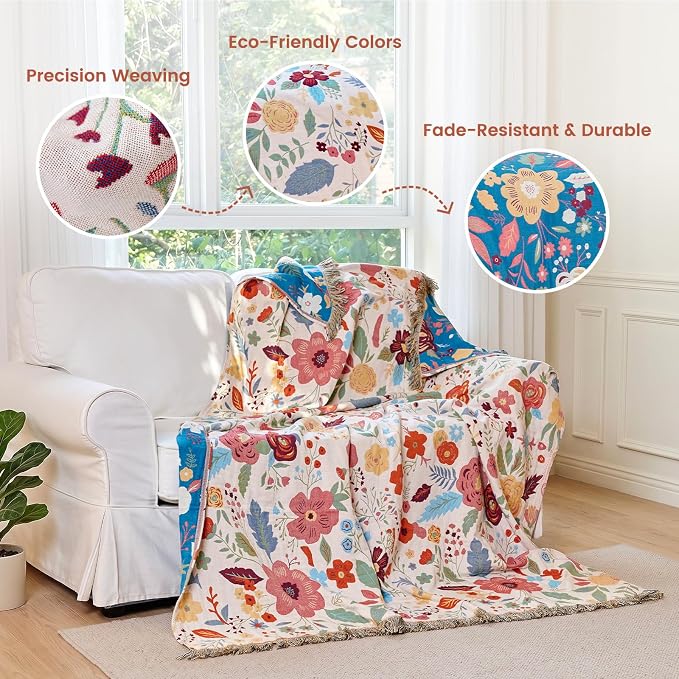 MSGKV Boho Throw Blanket 60"x80" Summer Cotton Floral Twin Size Blanket | Muslin Throw, Twin Size Blanket, Floral Pattern, Reversible Woven, Lightweight Comfort, Farmhouse Decor, Machine Washable