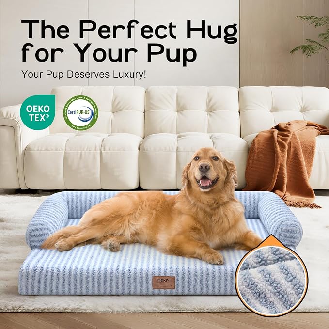 Orthopedic XL Dog Bed with Bolster for Extra Large Size Dogs | Pillow Support for Neck Relief, Egg Crate Foam, Skin-Friendly Surface, Waterproof Liner, Anti-Slip Bottom, 42 x 30 Inch