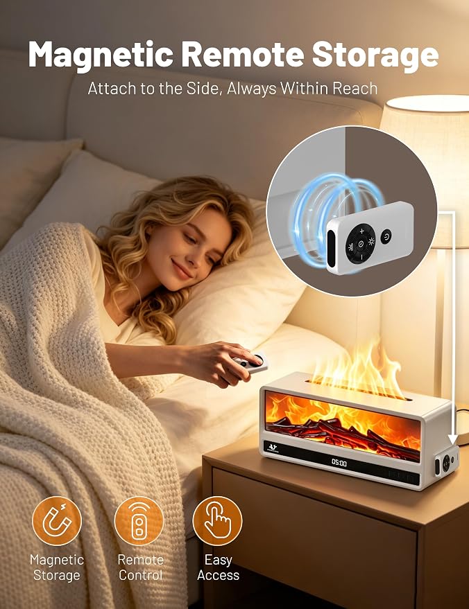 Fireplace Aroma Diffuser for Bedroom Nightstand, Essential Oil Diffuser with Realistic Flame Effect, Remote Control, Timer Auto-Off, 7 Color LED Ultrasonic Aromatherapy Diffuser for Home Office Decor