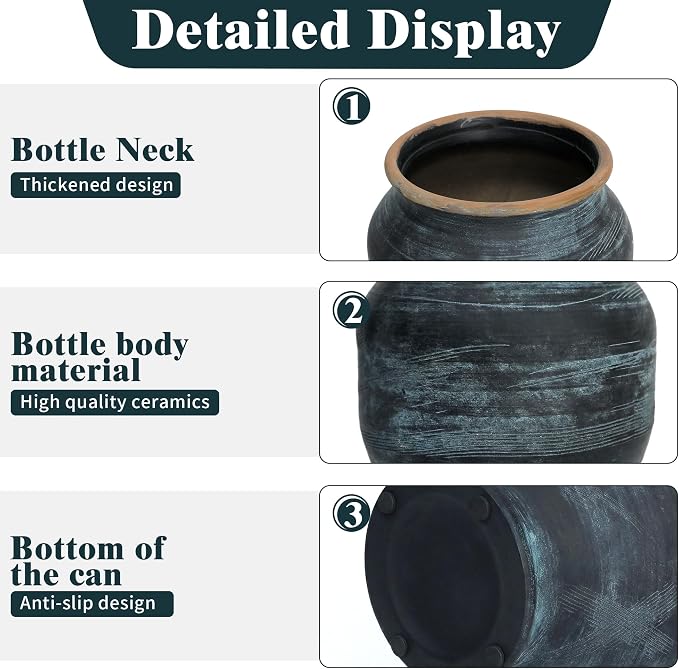 Rustic Ceramic Flower Vase,8 Inch Indigo Artisan Handcrafted Wide Ceramic Vase Farmhouse Rustic Vase Wide vases for Decor Living Room Home Decor
