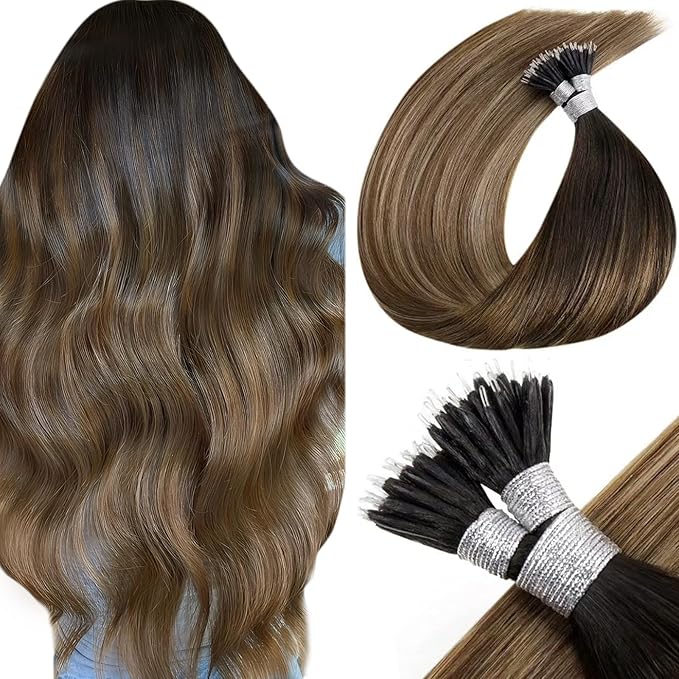 LaaVoo Nano Ring Hair Extensions Balayage Brown Nano Bead Hair Extensions Dark Brown Balayage Light Brown Mix Ash Brown Nano Bead Extensions Human Hair 14 Inch 50g/50s