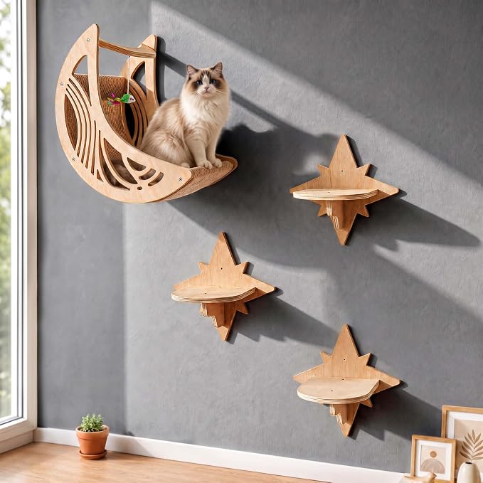 Moon & Star Cat Wall Shelves, Modern Cat Furniture Perch for Indoor Cats | Kitten Shelves with Decorative Cutouts, Space-Saving, Stable & Safe, Paintable, Pre-Drilled, Wood Cat Climbing System