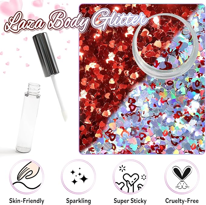 Laza 2 Jars Body Glitter for Valentine’s Day Hair Accessories Heart Glitter Holographic Chunky Sequins with Glitter Glue for Women Makeup Face Paint Festival Rave Outfits Party Costumes- Colorful Love