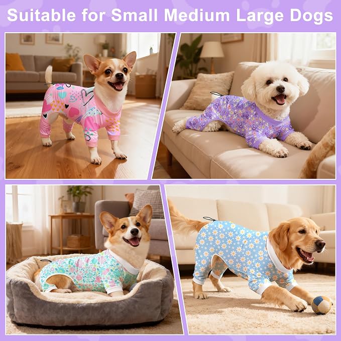 Bienbee Dog Pajamas, 4 Pack Adjustable Onesies for Small to Large Dogs XL | Dog Shedding Suit with Soft Fabric, Breathable & Stretchy, and Adjustable Back Length for Sleeping Lounging and Daily Use