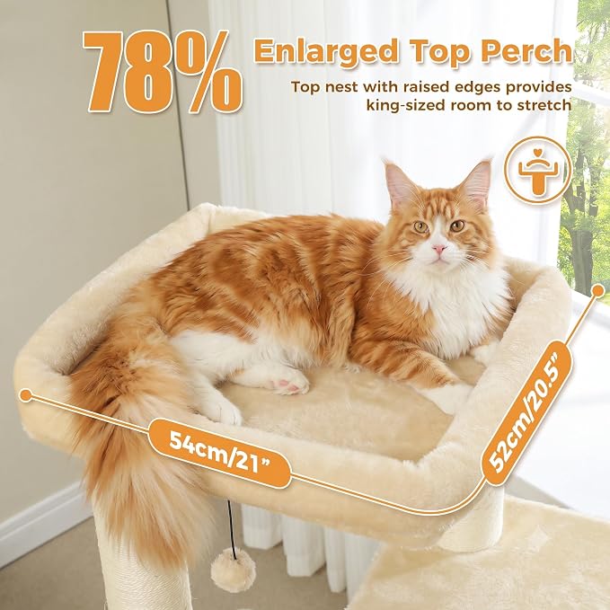 PAWZ Road Large Cat Tree, 45" Heavy Duty Cat Tower with Dual Condos, Beige | thick scratching posts(φ4.3"), 21"x21" spacious perch, large scratching ramp, dual condos for large&maine cats