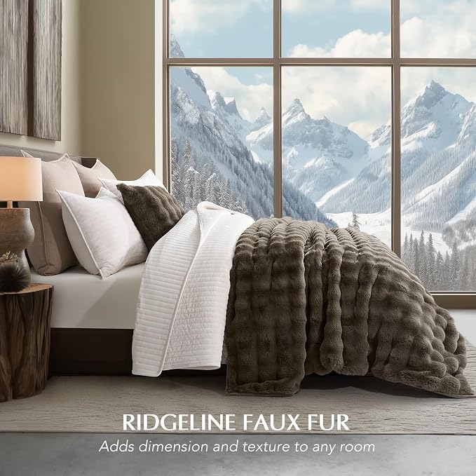 Faux Rabbit Fur Bubble Throw Blanket, 90"x90", Dark Taupe | Ultra Soft, Luxury Faux Rabbit Fur Throw, Thick Warm Bubble Blanket, Cozy Fluffy Reversible, for Bed, Couch, Chair, Sofa