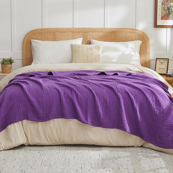 EMME Muslin Blankets for Adults Throw Blanket for Couch Breathable Gauze Soft Lightweight Airy Purple Twin 60" x 80"