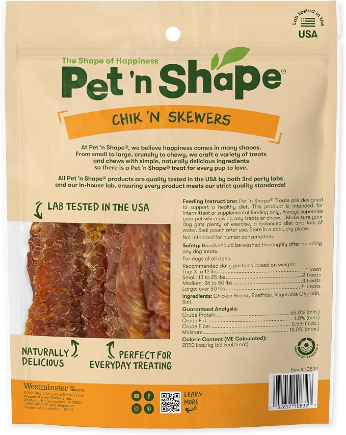 Pet 'n Shape Chik 'n Skewers – Chicken Wrapped Rawhide Chew Dog Treats - 2 Pound | Premium chicken breast, Limited ingredients, Wheat and soy free, Everyday reward, For all life stages, High-protein snack