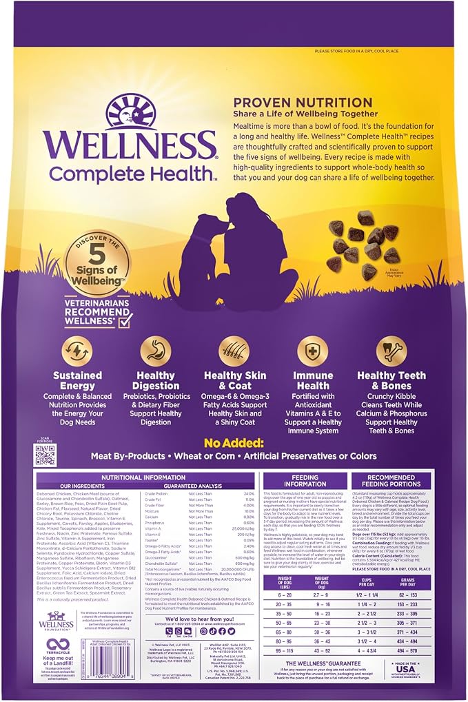 Wellness Complete Health Adult Dry Dog Food, Wholesome Grain Kibble, Natural, Chicken and Oatmeal Recipe, 15 lb Bag