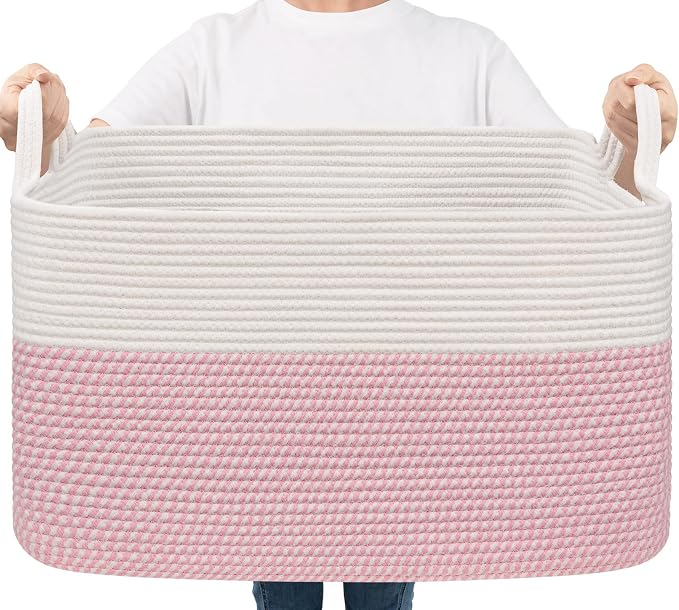 Goodpick Large Woven Rope Blanket Basket, Rectangle, White & Pink | 21.6'' x 14.9'' x 11.8'' Storage Basket for Baby Toys & Kids Essentials, Nursery & Bedroom Organization, Reinforced Handles