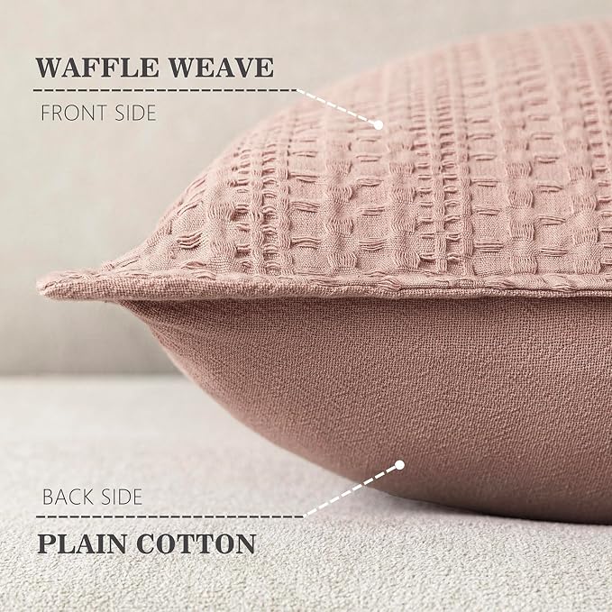 Foindtower Set of 2 Decorative Cotton Waffle Weave Throw Pillow Covers Euro Shams Cushion Covers Accent European Pillowcase for Bed Couch Sofa Bedroom Living Room Home Decor 20×20 Inch Dusty Pink