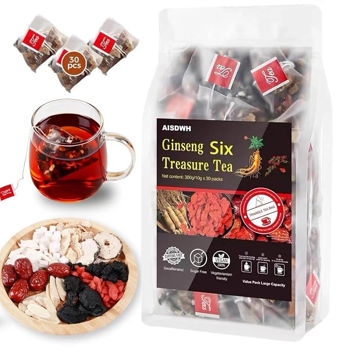 AISDWH kidney Tea Formula Ginseng Six Treasure Tea, Traditional Chinese Herbal Ginseng Tea Bags, 9 Herb Blend - 30 Count - Kidney Cleanse Detox Repair - for Women & Men