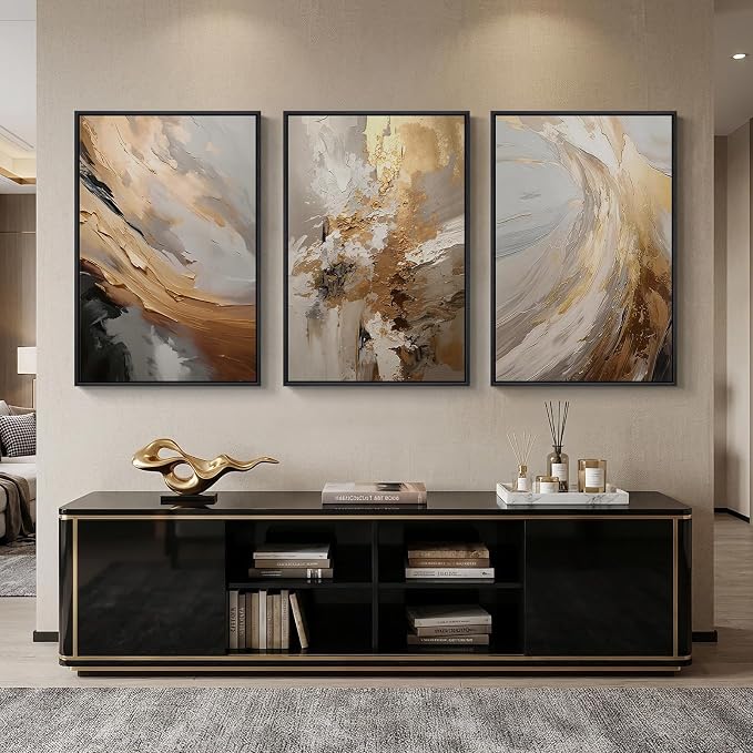 Large Framed Neutral Abstract Wall Art for Living Room, 3 Piece Modern Canvas Prints Paintings Artwork for Walls, Oversized Beige Gold Pictures for Hallway Dining Bedroom Office Wall Decor 24x36 In