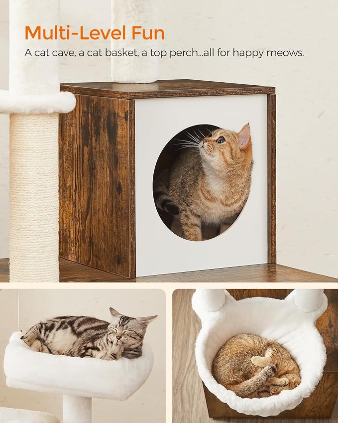 Feandrea Cat Tree with Litter Box Enclosure, 59-Inch Modern Cat Tower | 2-In-1 Condo with Scratching Posts, Washable Removable Cushion, Rustic Brown UPCT113X01