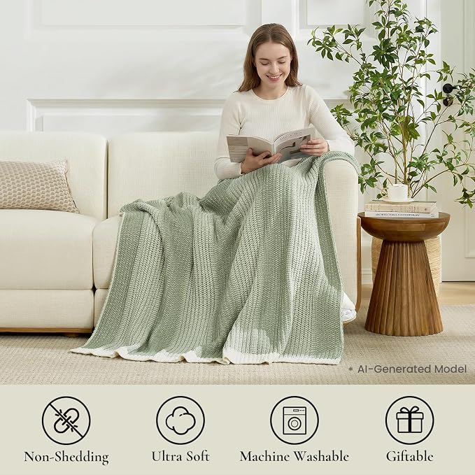 Premium Chenille Throw Blanket, Soft Cozy Luxury Two-Tone Knit Blanket for Couch, Sofa, Chair, Home Decor, Sage Green & Ivory 50"x60"