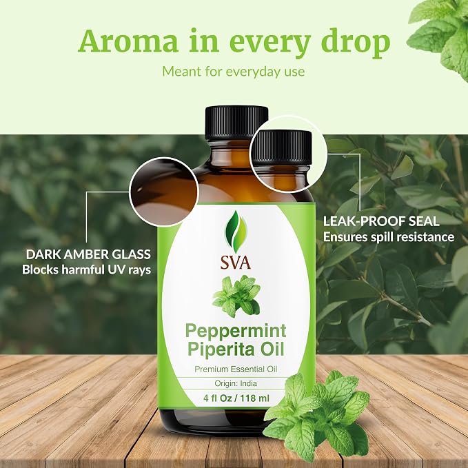 SVA Peppermint Piperita Essential Oil 4 Fl Oz – for Diffuser, Skin & Hair Care – Ideal for Massage & DIY Blends - with Dropper