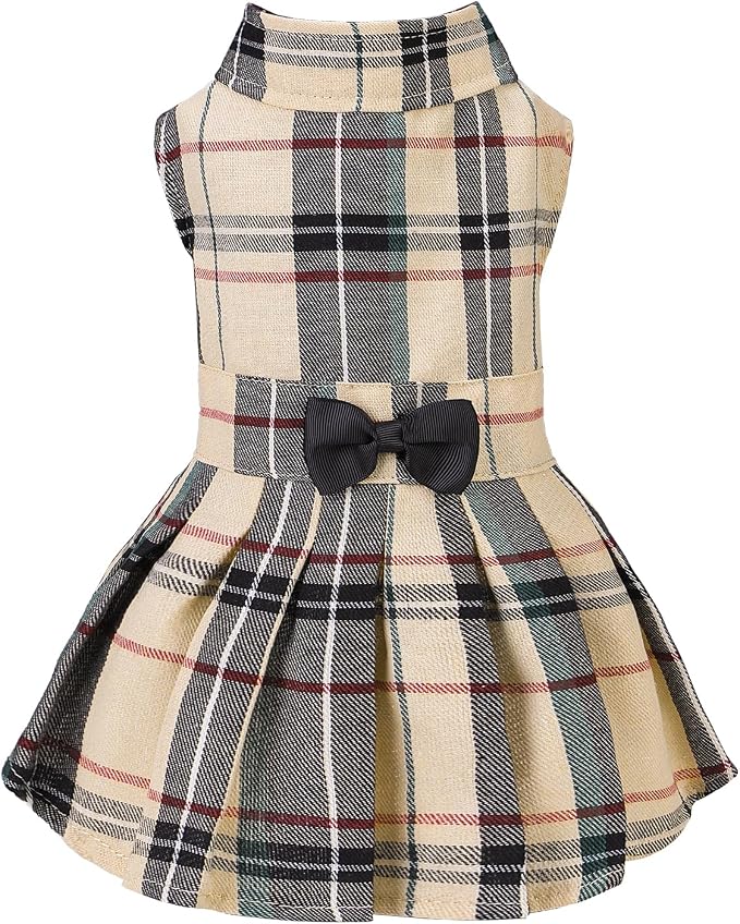 PUPTECK Classic Beige Plaid Dog Dress with Bow Puppy Skirt Clothes S | Cute Chic Cat Puppy Clothes for Small Medium Large Dogs Girl Pet Apparel Outfits Costume for Birthday Wedding Party Holiday