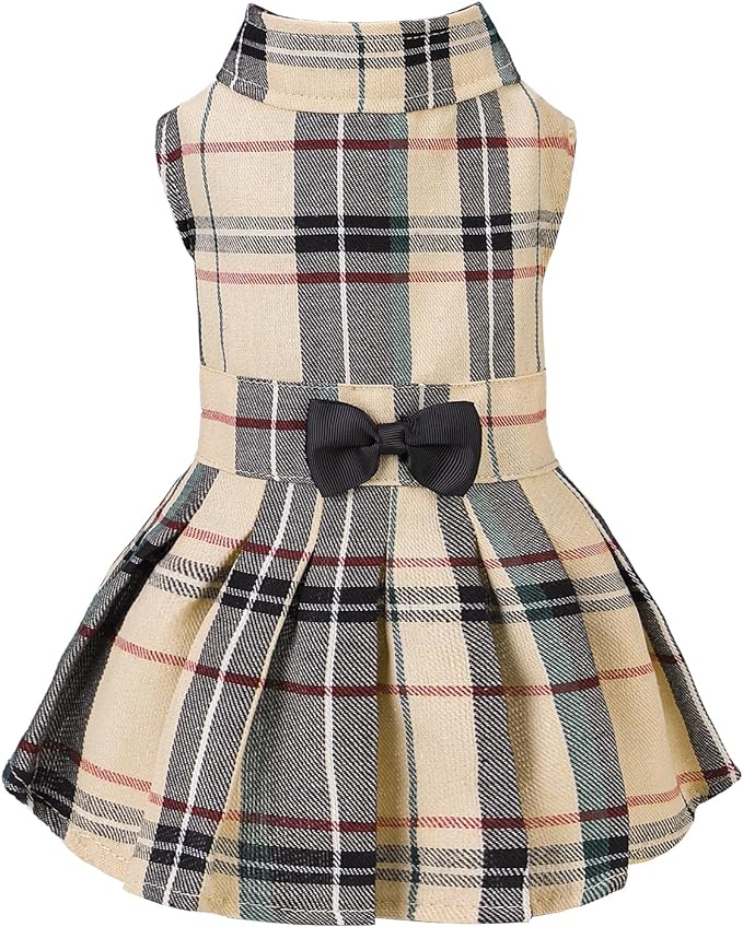 PUPTECK Classic Beige Plaid Dog Dress with Bow Puppy Skirt Clothes M | Cute Chic Cat Puppy Clothes for Small Medium Large Dogs Girl Pet Apparel Outfits Costume for Birthday Wedding Party Holiday